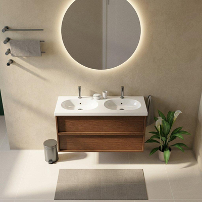 Saniclass Holz Frame Ensemble meuble de salle de bains - 120x45x63.5cm - lavabo en céramique Palermo blanc - 2 vasques - 2 trous de robinetterie - 2 tiroirs - mat walnut pure (bois)