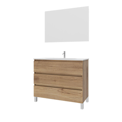 Adema Chaci PLUS Badkamermeubelset - 100x86x46cm - 1 ovale keramische wasbak wit - 1 kraangat - 3 lades - rechthoekige spiegel - eiken
