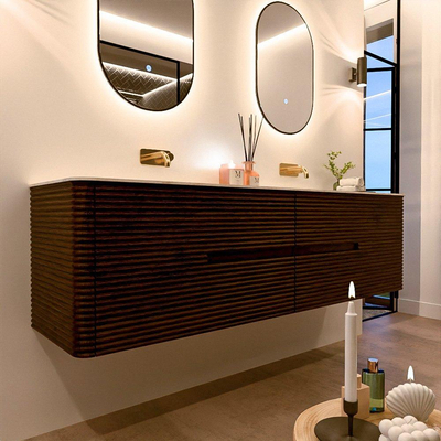 Mondiaz CIRO-DLUX Meuble de salle de bains - 180x45x50cm - lavabo solid surface Ostra - 2 vasques Double - sans trous de robinetterie - 4 tiroirs - Noyer