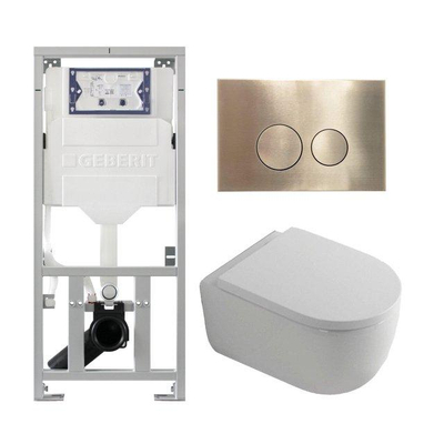 QeramiQ Dely Swirl Toiletset - 36.3x51.7cm - diepspoel - rimless - Geberit UP320 inbouwreservoir - met Burda frame - 35mm zitting - geborsteld messing bedieningsplaat - ronde knoppen - wit mat