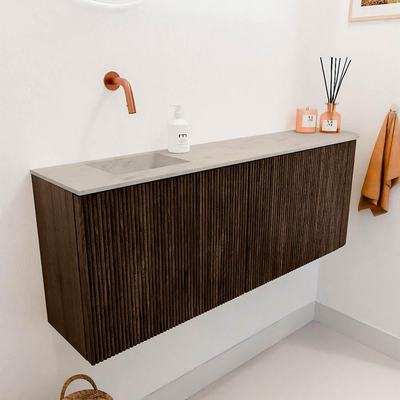 Mondiaz JOYA-DLUX 111.6cm toiletmeubel - ronding rechts kleur Walnut - Wastafel FAYE positie Links Zonder kraangat kleur Opalo.