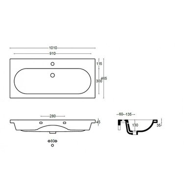 Saniclass Meubelwastafel - 100x47x3.5cm - overloop - 1 wasbak midden - 1 kraangat - keramiek - wit