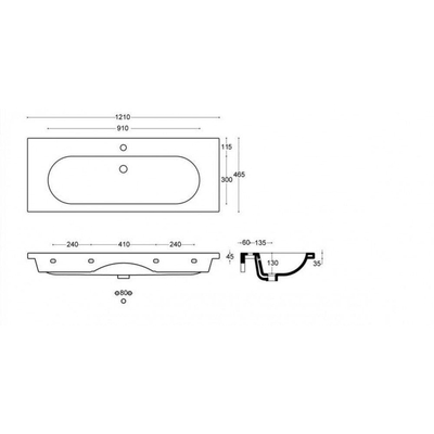 Saniclass Palermo Meuble lavabo - 120x47x3.5cm - trop-plein - 1 lavabo au centre - 2 trous de robinet - céramique - blanc