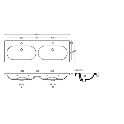 Saniclass Palermo Meuble lavabo - 140x47x3.5cm - trop-plein - 2 lavabos gauche/droite - 2 trous de robinet - céramique - blanc