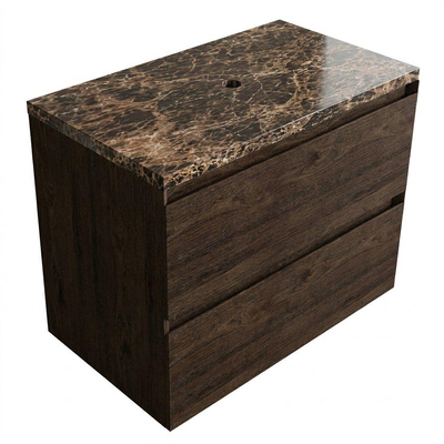 Saniclass Holz Pure Ensemble meuble de salle de bains - 80x45x63cm - Plan de travail en pierre naturelle Noche dark emperador - sans trou de robinet - 2 tiroirs - chêne charcoal mat (bois)