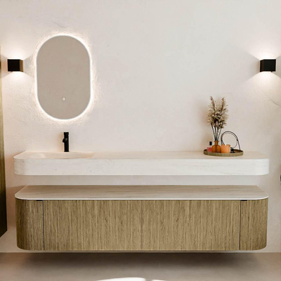 MONDIAZ THOR-DLUX 200cm meuble de salle de bains arrondi gauche + droite couleur Dusk avec 2 tiroirs et 2 portes. Vasque suspendue CLOUD Gauche 1 trou de robinet couleur Meli.