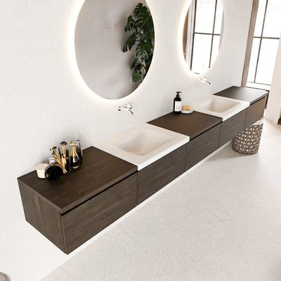 MONDIAZ BUKLA 300cm badmeubel met module 60 kleur Dark Brown met 5 lades. Wastafel CLOUD dubbel 0 kraangaten kleur Talc.