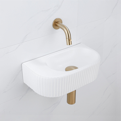 QeramiQ Fuente pack lave-mains – demi-rond – 40 x 21,5 x 12 cm – céramique blanc mat – robinet doré brossé – cannelé