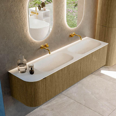 Mondiaz KURVE Ensemble de meubles de salle de bains - 175x46x40cm - 2 tiroirs - 1 porte - lavabo solid surface - double / droite - sans trou de robinet - Dusk