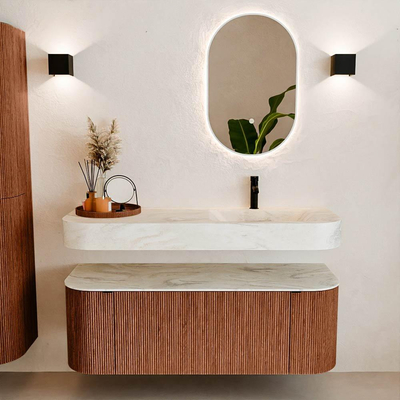 MONDIAZ THOR-DLUX 130cm meuble de salle de bains arrondi gauche + droite couleur Ruby avec 1 tiroir et 2 portes. Vasque suspendue CLOUD Droite 1 trou de robinet couleur Ostra.