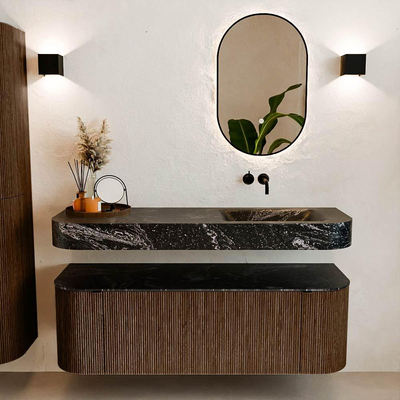 MONDIAZ THOR-DLUX 140cm badmeubel ronding links + rechts kleur Walnut met 1 lade en 2 deuren. Vrijhangende wastafel CLOUD Rechts zonder kraangat kleur Lava.