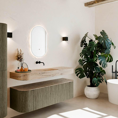 MONDIAZ THOR-DLUX 150cm meuble de salle de bains arrondi gauche + droite couleur Shadow avec 1 tiroir et 2 portes. Vasque suspendue CLOUD Milieu sans trou de robinet couleur Arena.