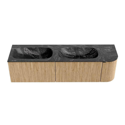 MONDIAZ KURVE-DLUX meuble de salle de bains 165cm avec module 25 R couleur Oak avec 2 tiroirs et 1 porte. Lavabo STOR SMALL double / gauche sans trou de robinet couleur Lava.