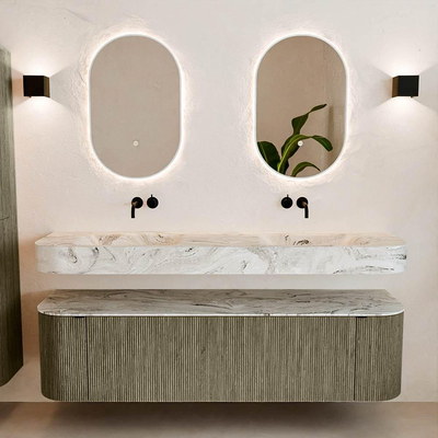 MONDIAZ THOR-DLUX Meuble de salle de bains - 170cm - arrondi gauche + droite - couleur Shadow - 1 tiroir - 2 portes - Vasque suspendue CLOUD Double sans trou de robinet - couleur Glace