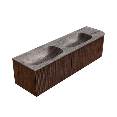 MONDIAZ KURVE-DLUX meuble de salle de bains 165cm arrondi à droite couleur Walnut avec 2 tiroirs et 1 porte. Lavabo STOR SMALL double / gauche sans trou de robinet Oza.