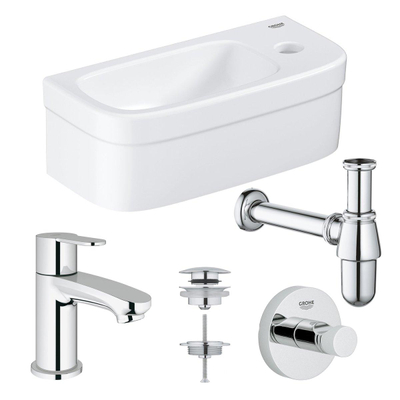 Grohe Euro Fonteinset - 37x18cm - rechthoek - 1 kraangat - zonder overloop - rechte kraan - sifon - afvoerplug - handdoekhaak - wit/chroom