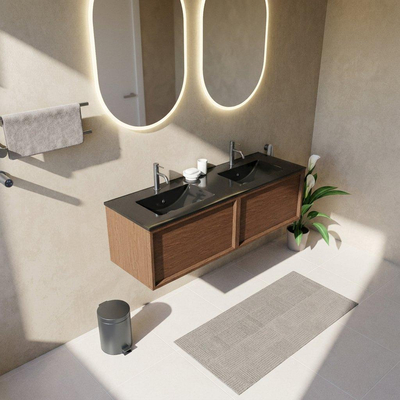 Saniclass Holz Frame Ensemble meuble de salle de bains - 140x45x42cm - lavabo Vygo en céramique noir - 2 vasques - 2 trous de robinetterie - 2 tiroirs - mat walnut pure (bois)
