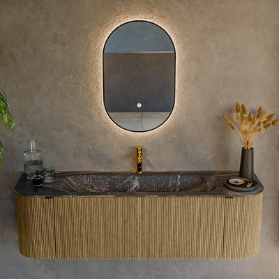 Mondiaz KURVE-DLUX Badkamermeubelset - 150x46x40cm - 1 lade - 2 deuren - wastafel solid surface - midden - 1 kraangat - Dusk