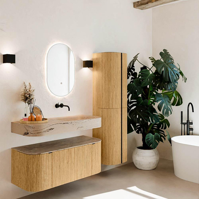 MONDIAZ THOR-DLUX 110cm meuble de salle de bains arrondi gauche + droite couleur Chêne avec 1 tiroir et 2 portes. Vasque suspendue CLOUD Droite sans trou de robinet couleur Arena.