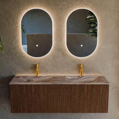 MONDIAZ KURVE-DLUX 130cm badmeubel kleur Walnut met 2 lades en 0 deuren. Wastafel LEAF Dubbel 2 kraangaten Sombra.