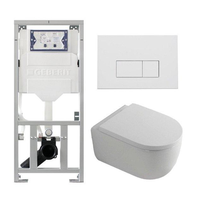 QeramiQ Dely Swirl Ensemble WC- 36.3x51.7cm - Fond creux - Sans bride - Réservoir encastré Geberit UP320 - Abattant de 35mm d'épaisseur - Plaque de commande en métal blanc mat - Boutons rectangulaires - Blanc mat