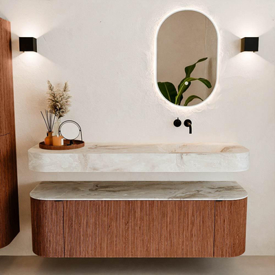 MONDIAZ THOR-DLUX 150cm meuble de salle de bains arrondi gauche + droite couleur Ruby avec 1 tiroir et 2 portes. Vasque suspendue CLOUD Droite sans trou de robinet couleur Frappe.