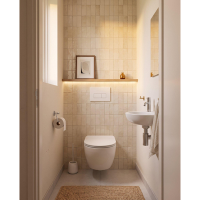 Pack WC QeramiQ Dely Swirl Compact - réservoir encastrable Geberit UP320 - avec bâti-support Burda - abattant 25 mm - plaque de commande en métal blanc mat - boutons rectangulaires - blanc brillant