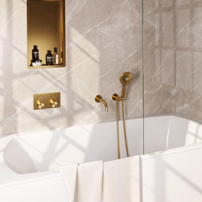 BRAUER Gold Edition thermostatische inbouw badkraan - drukknoppen SET 04 - uitloop - 3 standen handdouche - doucheslang - wandaansluitbocht - goud geborsteld PVD