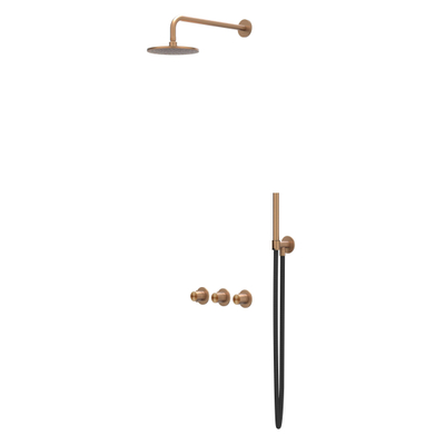 IVY Concord Ensemble de douche de tête - encastré - symétrique - 2 robinets d'arrêt - bras mural 40 cm - douche de tête medium 20 cm - support avec sortie - flexible de douche 150 cm - douchette à main modèle barre - RVS316 - cuivre brossé mat PVD