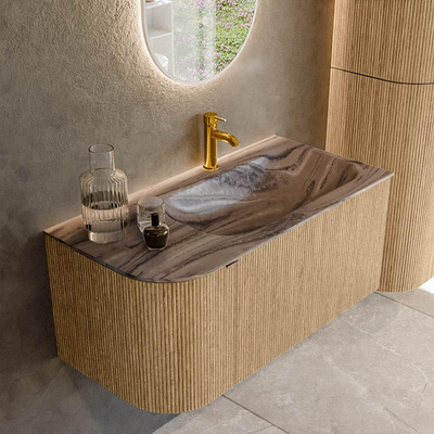 MONDIAZ KURVE-DLUX Meuble de salle de bains 95cm arrondi à gauche couleur Oak avec 1 tiroir et 1 porte. Lavabo BIG SMALL à droite 1 trou de robinet Sombra.