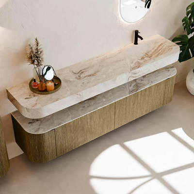 MONDIAZ THOR-DLUX 200cm meuble de salle de bains arrondi gauche + droite couleur Dusk avec 2 tiroirs et 2 portes. Vasque suspendue CLOUD Droite 1 trou de robinet couleur Frappe.