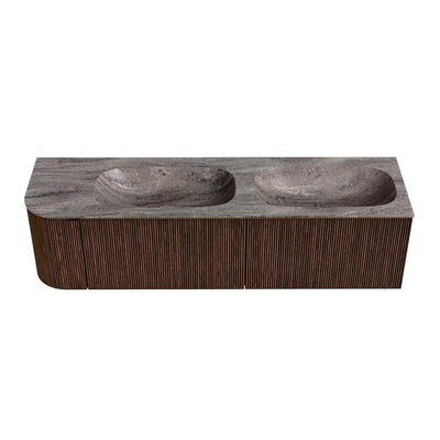 MONDIAZ KURVE-DLUX 165cm badmeubel ronding Links kleur Walnut met 2 lades en 1 deur. Wastafel STOR SMALL Dubbel / Rechts zonder kraangat Oza.