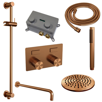 Brauer Copper Carving Douche pluie encastrable - thermostatique - boutons poussoirs - SET 63 - pommeau 20cm - bras mural courbé - douchette stick - flexible - barre curseur intégrée - Cuivre brossé PVD