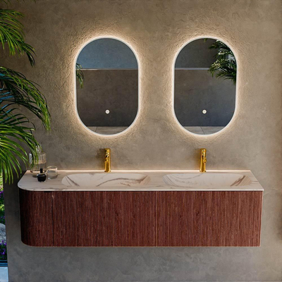 MONDIAZ KURVE-DLUX 165cm meuble de salle de bains arrondi gauche couleur Ruby avec 2 tiroirs et 1 porte. Lavabo STOR SMALL Double / Droite 2 trous de robinet Nata.