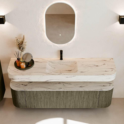 MONDIAZ THOR-DLUX 170cm meuble de salle de bains arrondi gauche + droite couleur Shadow avec 1 tiroir et 2 portes. Vasque suspendue CLOUD Milieu 1 trou de robinet couleur Nata.