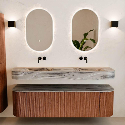 MONDIAZ THOR-DLUX 160cm meuble de salle de bains arrondi gauche + droite couleur Ruby avec 1 tiroir et 2 portes. Vasque suspendue CLOUD Double sans trou de robinet couleur Sombra.