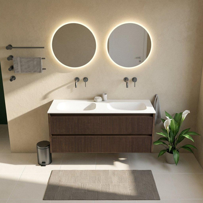 Saniclass Holz Atelier Ensemble de meubles de salle de bains - 140x45x61.5cm - Flow lavabo en solid surface blanc - 2 vasques - sans trous de robinetterie - 4 tiroirs - chêne charcoal mat (bois)