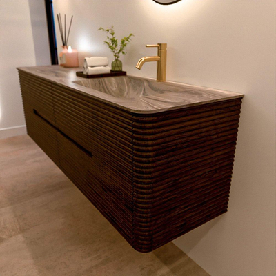 Mondiaz CIRO-DLUX Badkamermeubelset - 160x45x50cm - Solid surface wastafel Sombra - 1 wasbak Rechts - 1 kraangat - 4 lades - Walnut