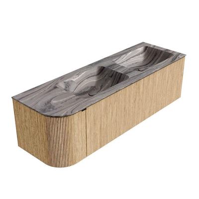 MONDIAZ KURVE-DLUX 145cm badmeubel ronding Links kleur Oak met 1 lade en 1 deur. Wastafel LEAF Dubbel / Rechts 2 kraangaten Sombra.