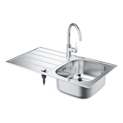 Grohe K200 Spoelbak - met afdruipgedeelte - inclusief BauEdge eengreeps mengkraan - hoge uitloop - eengatsmontage - Longlife keramische cartouche 28mm - mousseur - draaibare buisuitloop 360 graden - StarLight chroom