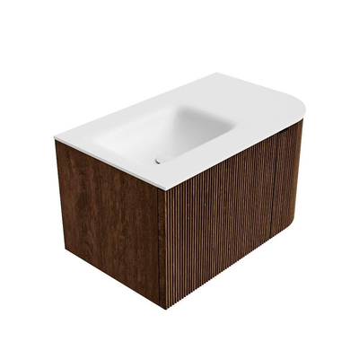 MONDIAZ KURVE 75cm Meuble salle de bain avec module 25 D - couleur Walnut - 1 tiroir - 1 porte - vasque GRUNNE gauche - sans trous de robinet - Talc