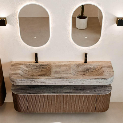 MONDIAZ THOR-DLUX 160cm badmeubel ronding links + rechts kleur Walnut met 1 lade en 2 deuren. Vrijhangende wastafel CLOUD Dubbel 2 kraangaten kleur Oza.