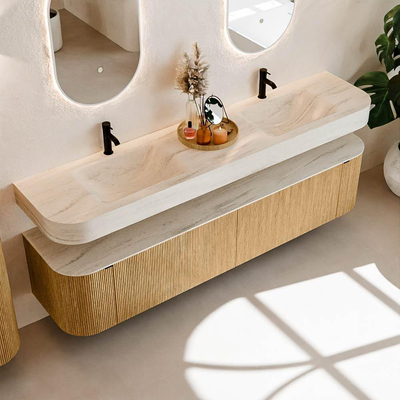 MONDIAZ THOR-DLUX 200cm meuble de salle de bains arrondi gauche + droite couleur Chêne avec 2 tiroirs et 2 portes. Vasque suspendue CLOUD Double 2 trous de robinet couleur Meli.