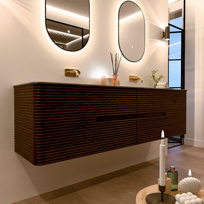 Mondiaz CIRO-DLUX Badkamermeubelset - 180x45x50cm - Solid surface wastafel Sombra - 2 wasbak Dubbel - zonder kraangaten - 4 lades - Walnut