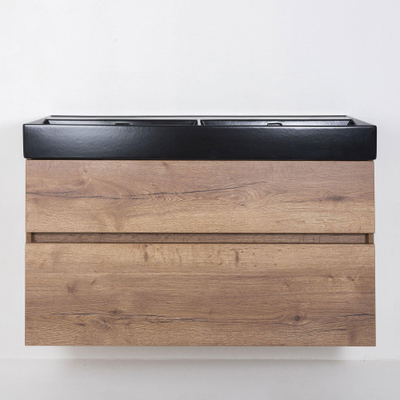 Saniclass Aurora Badmeubelset - 120cm - 2 lades - dubbele wastafel keramiek - zonder kraangat - zwart - roble
