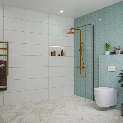 FugaFlow Eccelente Douche à l'italienne en verre - 30x200cm - verre clair - bras mural - cuivre brossé PVD (Cuivre)