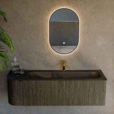 Mondiaz KURVE Ensemble de meuble de salle de bains - 145x46x40cm - 1 tiroir - 1 porte - vasque solid surface - droite - 1 trou de robinet - Shadow