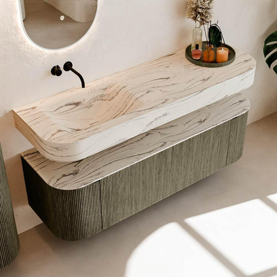 MONDIAZ THOR-DLUX 150cm meuble de salle de bains arrondi gauche + droite couleur Shadow avec 1 tiroir et 2 portes. Vasque suspendue CLOUD Gauche sans trou de robinet couleur Nata.