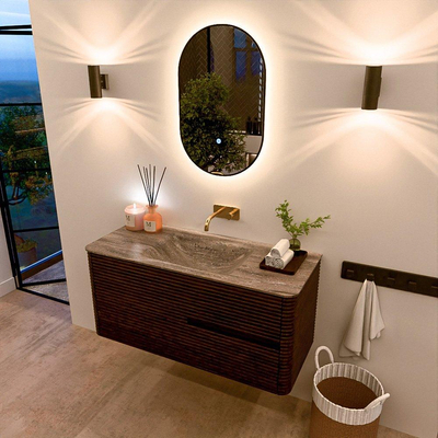 Mondiaz CIRO-DLUX Badkamermeubelset - 110x45x50cm - Solid surface wastafel Oza - 1 wasbak Midden - zonder kraangaten - 2 lades - Walnut