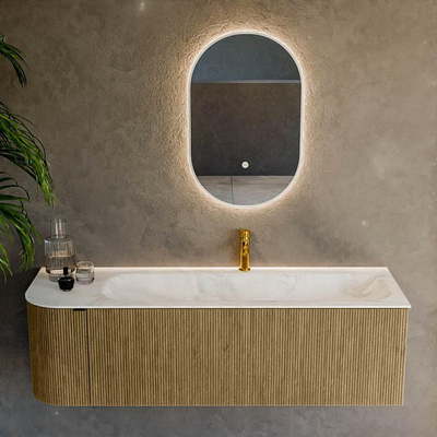 Mondiaz KURVE-DLUX Ensemble meuble de salle de bain - 145x46x40cm - 1 tiroir - 1 porte - lavabo solid surface - droite - 1 trou de robinet - Dusk